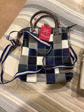 Italian Patchwork Blue & White Leather Tote with Adjustable Strap
